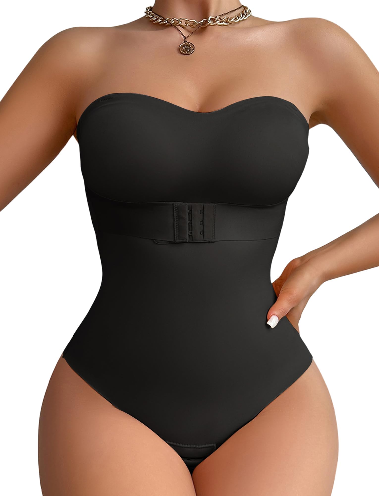 Strapless Shapewear Bodysuit for Women Tummy Control Seamless Push Up Shaping Bodysuit Strapless Bandeau Shapewear Bodysuit Body Shaper Thong with Removable Pads And Straps