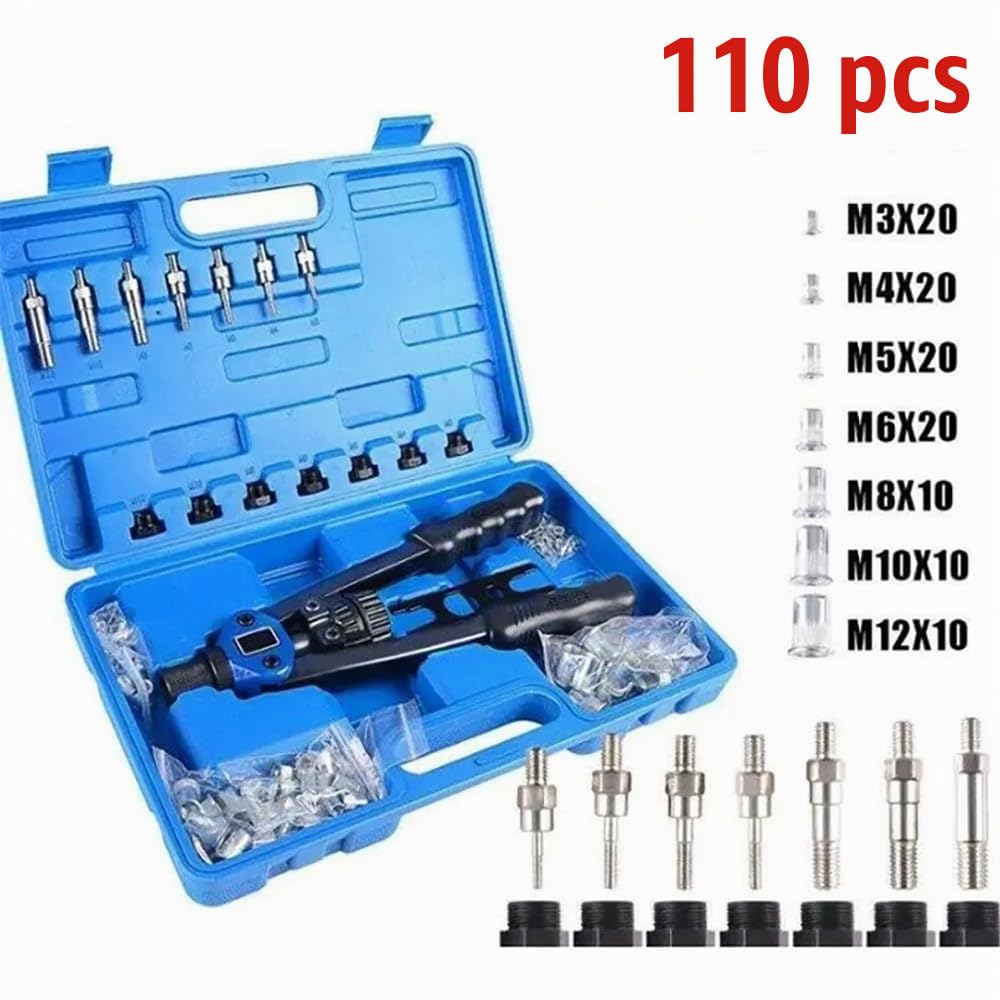 NEWFUN Pince Rivet, Pince a Insert Fileté, Jeu de Pinces à Riveter, Contient 110 Inserts Filetés et Pinces de Serrage de Tailles M3 à M12