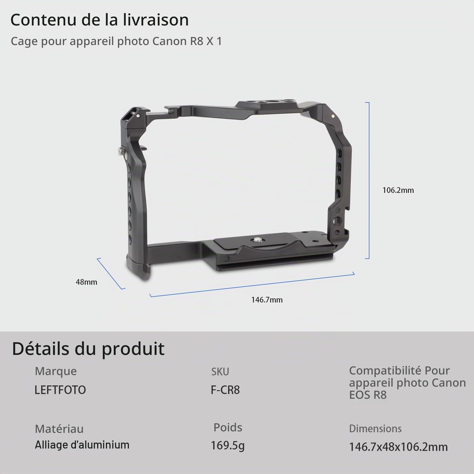 LEFTFOTO Cage pour appareil photo Canon R8 – Cadre de protection pour EOS R8 avec base Arca, griffe, fente de sangle, trous de vis 6,35 mm, compatibilité avec stabilisateur DJI RS - pour prise de vue