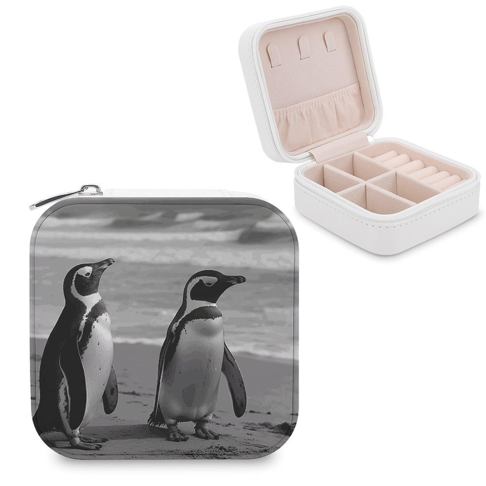 JTREHY Penguin Standing on The Beach Jewelry Box Personalized PU Jewelry Box Exquisite Jewelrys Organizer Case Small Portable Jewellery Storage Holder for Rings Earrings Necklaces Gifts