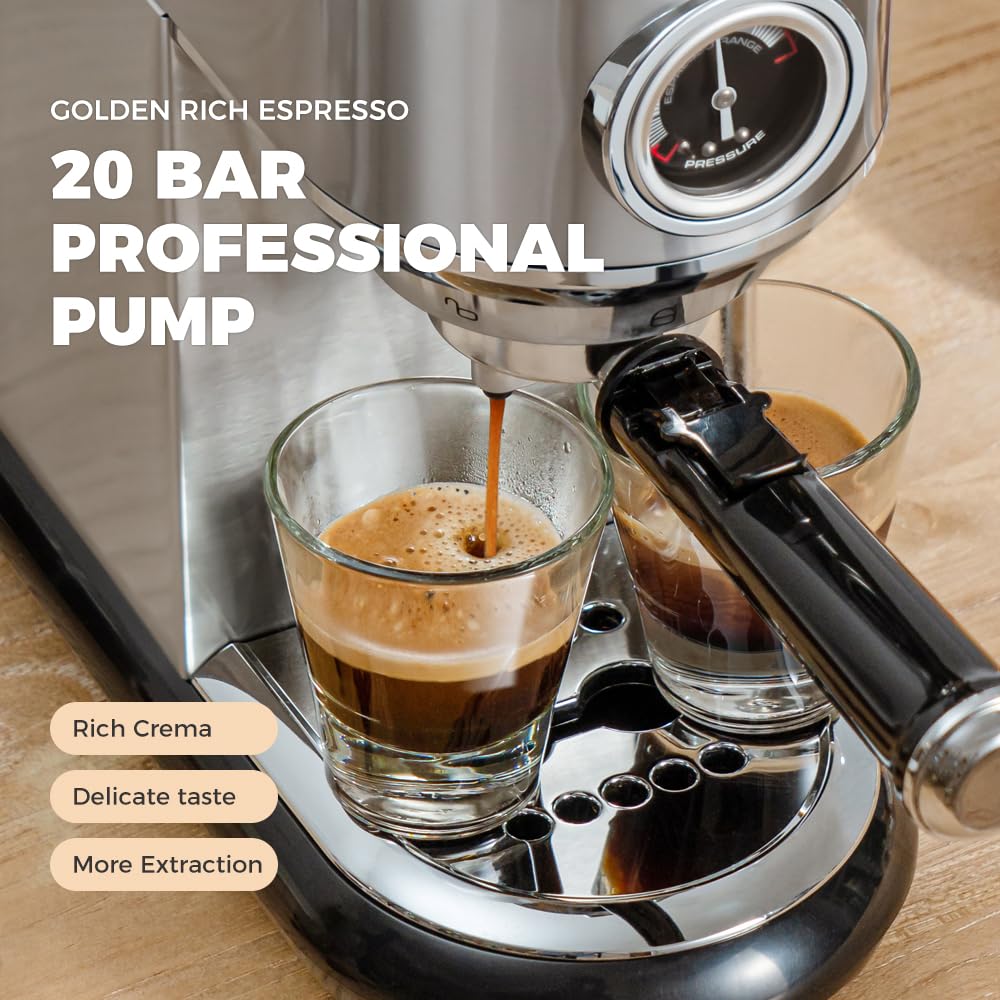 Cafelffe MK-601 2 en 1 20 bares con espumador de leche y manómetro, modo caliente/frío, infusión rápida de 1450 W, compatible con café molido y cápsulas ESE 44 mm, depósito de 1,1 L