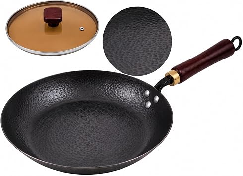 Calmabode 10.5 Hand-Hammered Carbon Steel Skillet with Glass Lid