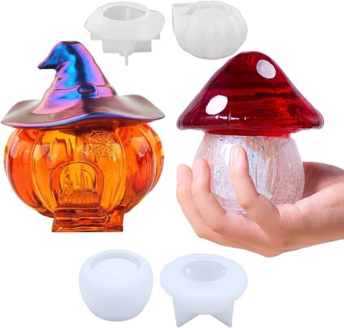 2 moldes de resina para tarros con tapa, molde de caja de resina de hongo de calabaza, molde de silicona para Halloween, molde de contenedor de