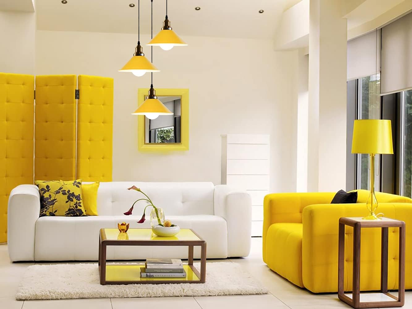 LEDSone 3-Light Pendant Light Fixtures Farmhouse Kitchen Island Light Fixture Industrial Hanging Pendant Lighting for Dining Room Metal Cone LampShade Pendant Ceiling Lamp E26 Base (Yellow)