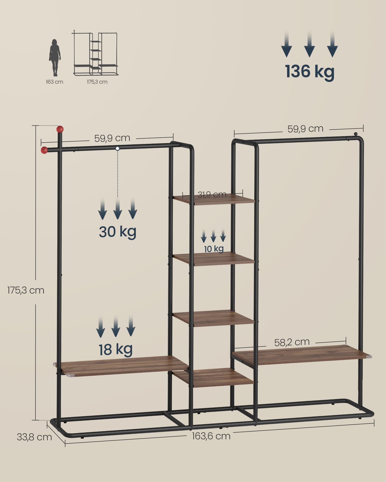 SONGMICS HOME Stand Appendiabiti, Guardaroba Aperto, 6 Ripiani Portaoggetti, 2 Barre, Ganci a Forma di Fiammifero, Armadio Camera da Letto, Noce Naturale e Nero Inchiostro RGR012B01