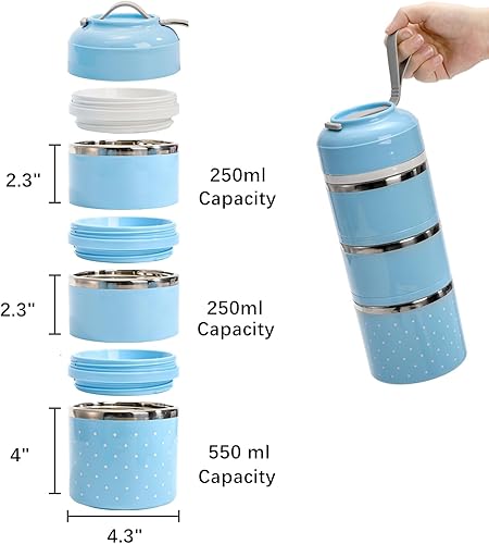 Miniatura 2 de Yopay Lonchera de acero inoxidable con aislamiento de 3 niveles, control de porciones, apilable para llevar, contenedor de almuerzo con bolsa