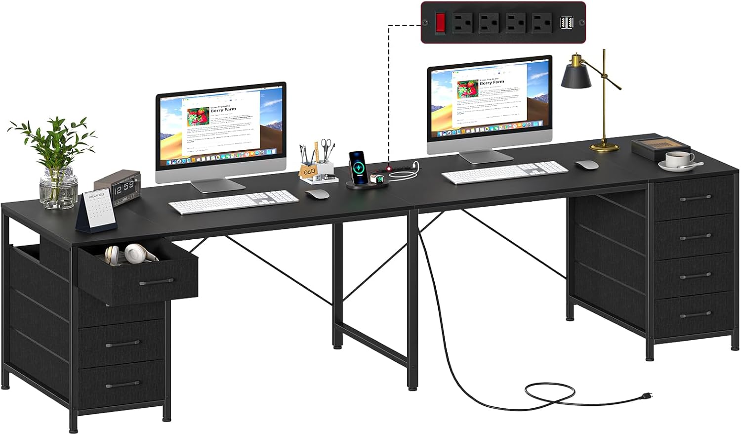 TVU 95" 2 Person Desk with 8 Drawers, Large Writing Home Office Desks with Outlets, I Shaped Workstation Double Desk Drawer Organizers