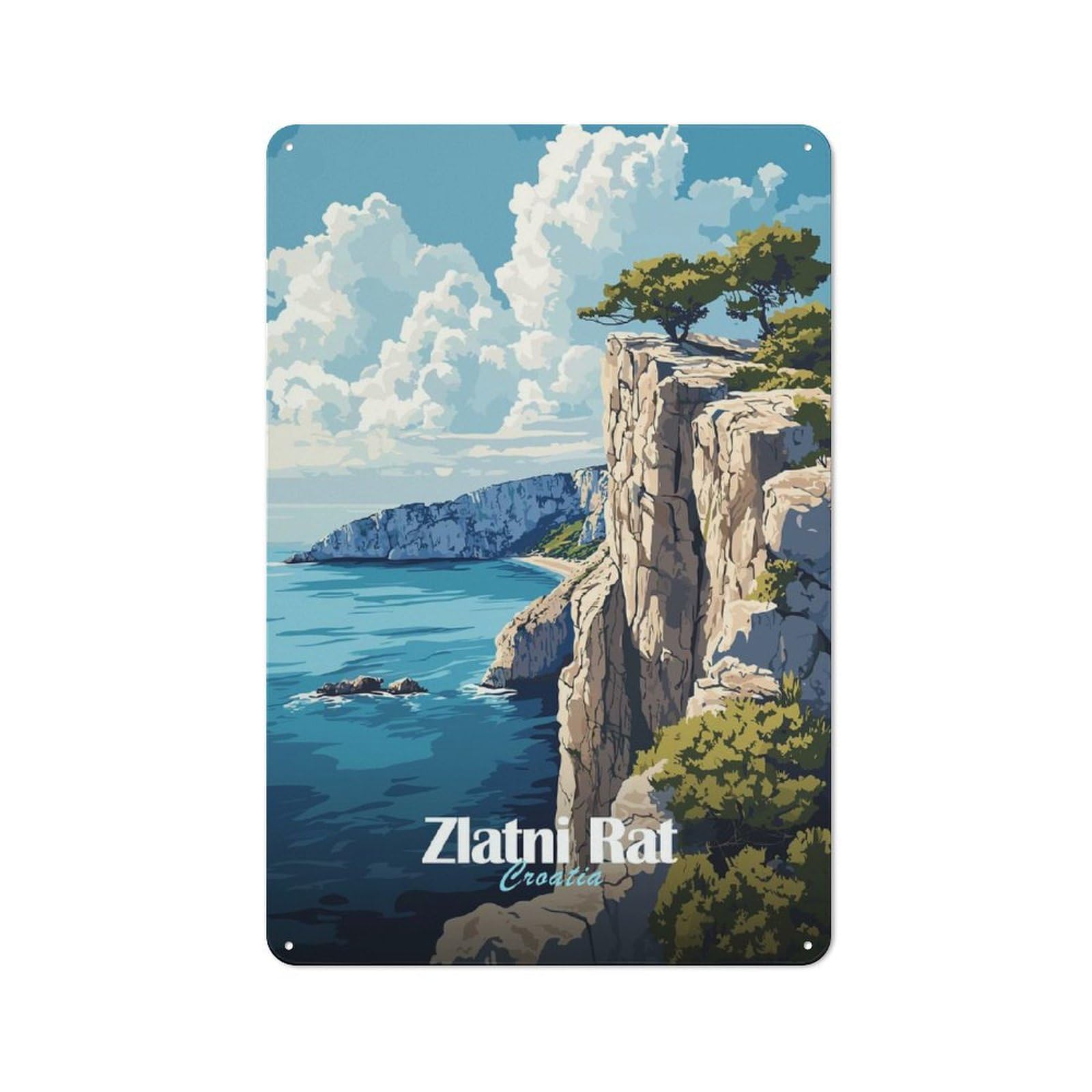 Creative Zlatni Rat Croatia Cliffside Metal Desk Wall Sign 30x20cm, Study Room Decor for Home Office, Reading Corner Or Bedroom