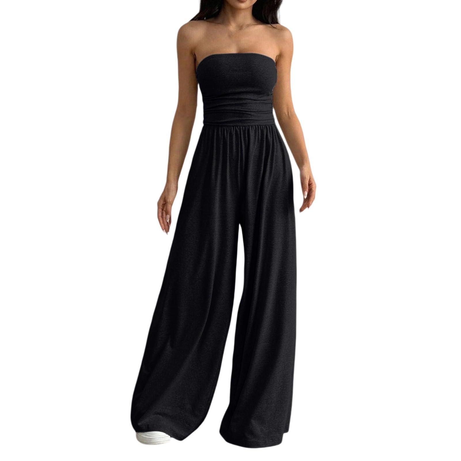 Generisch Mono elegante sin tirantes para mujer, mono bandeau monocolor con hombros descubiertos, una pieza, pierna ancha, traje de pantalón largo, traje de cintura alta, oversize holgado, mono de