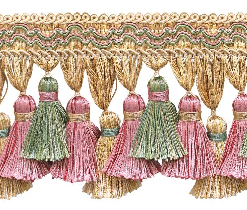 DÉCOPRO Dusty Rose, Pastel Green, Light Gold 3 3/4 inch Imperial IITassel Fringe Style# TFI2 Color: Rose Garden - 3549 (Sold by The Yard)