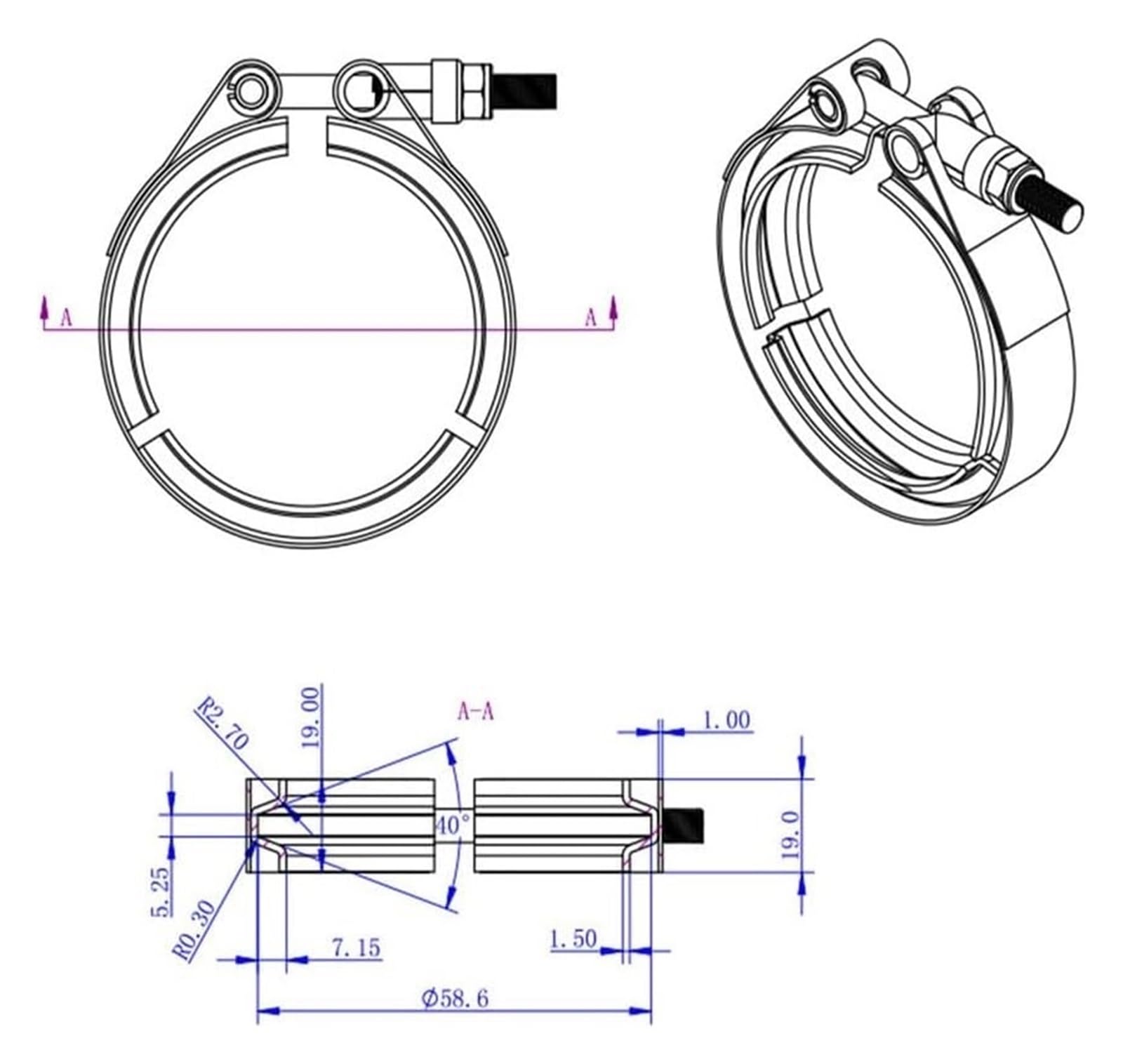 Abrazaderas para mangueras, Juego De Abrazaderas Banda En V Escape Acero Inoxidable 304 Con Bridas Macho Y Hembra, 1,5-6 Pulgadas(2.36inch-60mm)