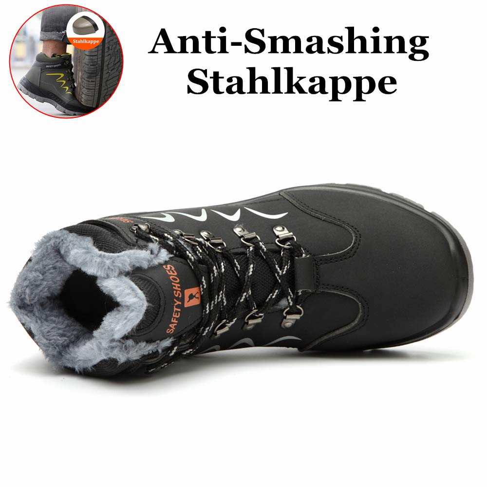 Lekkie zimowe buty ochronne męskie i damskie wodoodporne buty robocze ze stalowym noskiem, z ciepłą wyściółką, buty ochronne, czarne, 44 EU