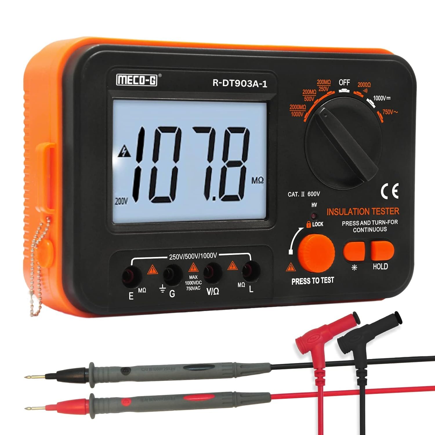 Meco-G Megohmmeter 1000V Insulation Resistance Tester, Electrical Megaohm Meter 200MΩ~2K Megohm Megger with 250V/500V/1000V Testing Voltage, Digital Multimeter Measure AC DC Voltage By Skyking-picture-24