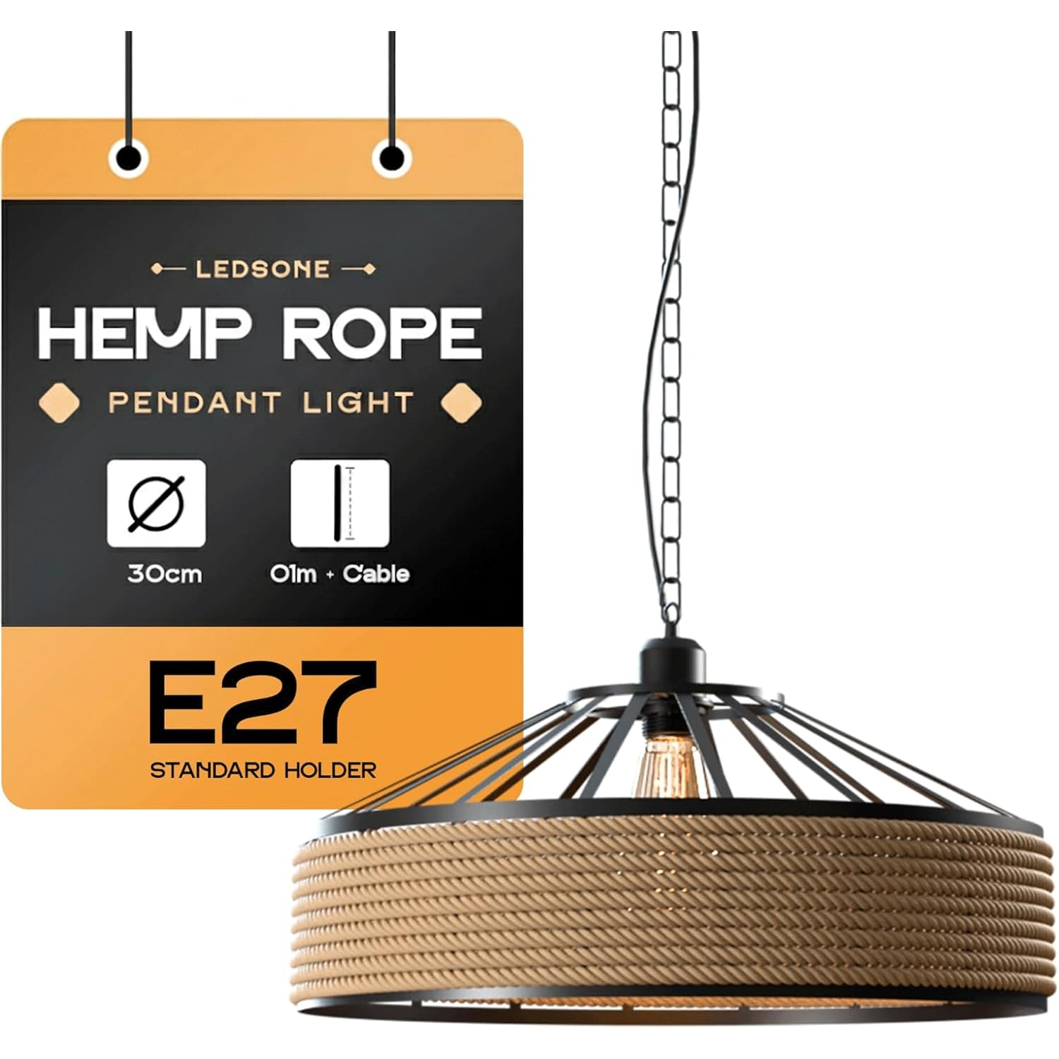 LEDSone Black Ceiling Light Shade with Hemp, 30cm Rope Lampshades for Ceiling Lights, Modern Chain Pendant Lamp for Living Room, Bedroom, Kitchen, Hallway, Home Décor, Office