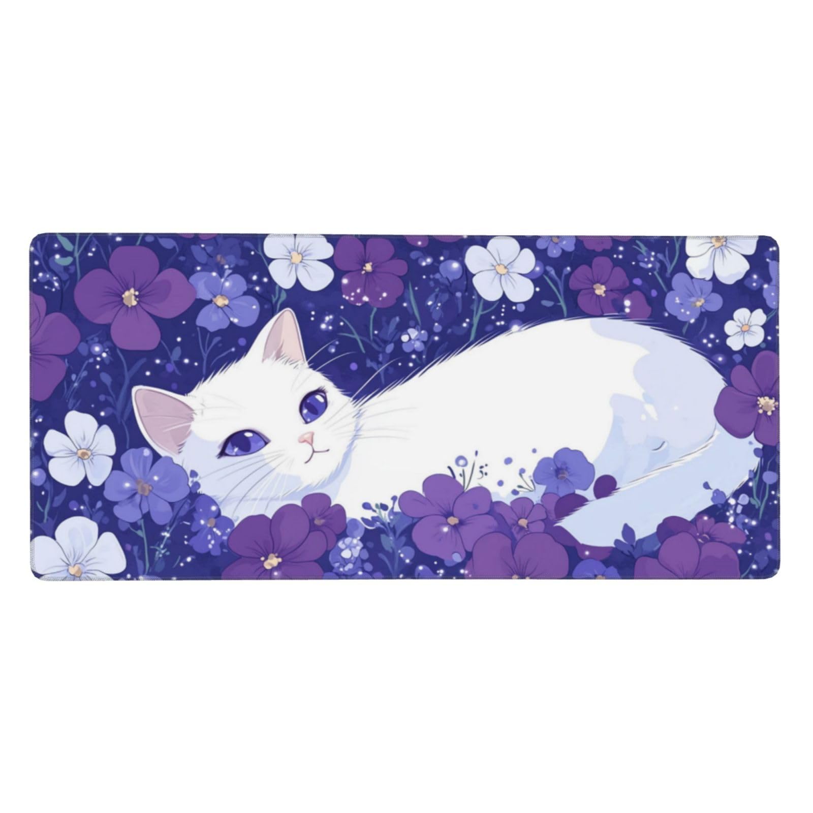 Tappetino Mouse XXL Fiore & Gatto, 100 x 50 cm Tappetino da Scrivania G486 | Tappetino per Mouse, Base in Gomma Antiscivolo, Superficie Impermeabile, Bordi Cuciti, Tappetino Scrivania per Ufficio, Gioco