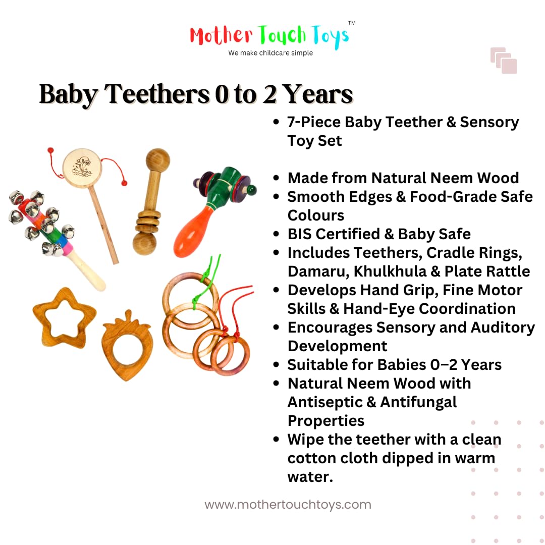 Mother Touch Toy Neem Wood Baby Rattles & Teethers Set (8 Items) | Non-Toxic, BPA-Free Wooden Infant Toys for 0–2 Years | Natural Neem Jhunjhuna, Teethers & Cradle Rings Gift Box 4