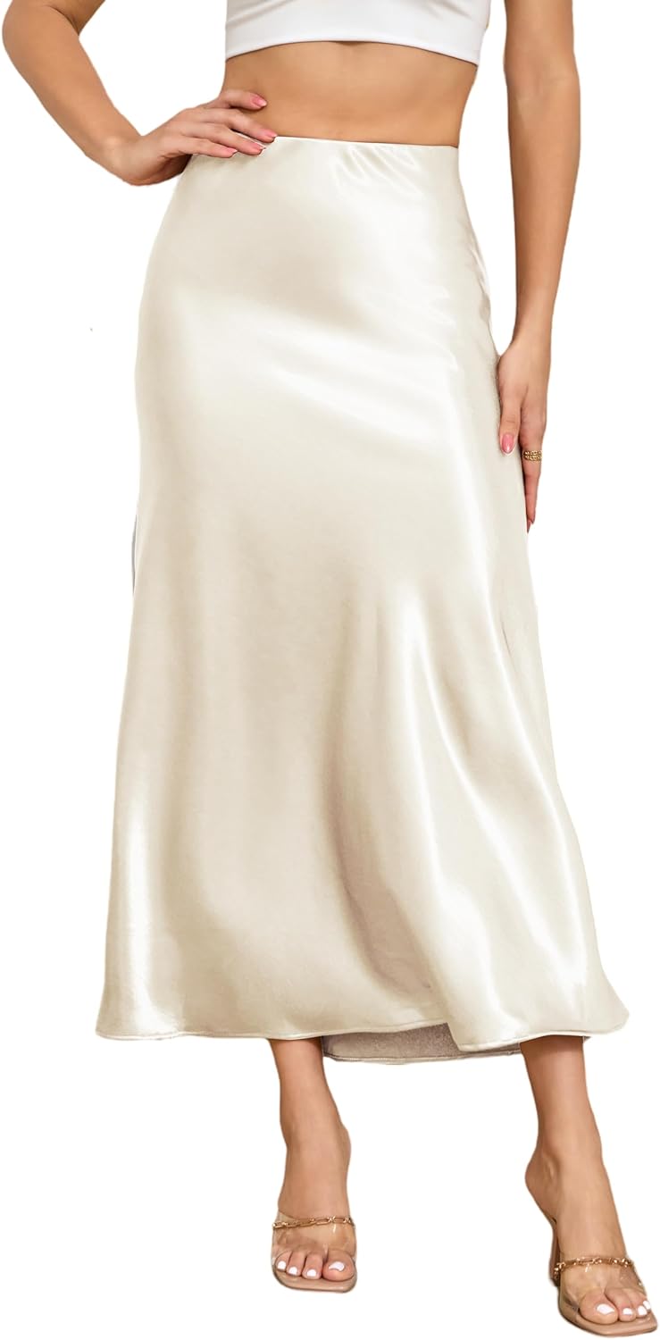 Women's Summer Satin Silk Maxi Skirt 2026 Elegant High Waist Office Cocktail Party Wedding Flowy A-Line Long Skirts