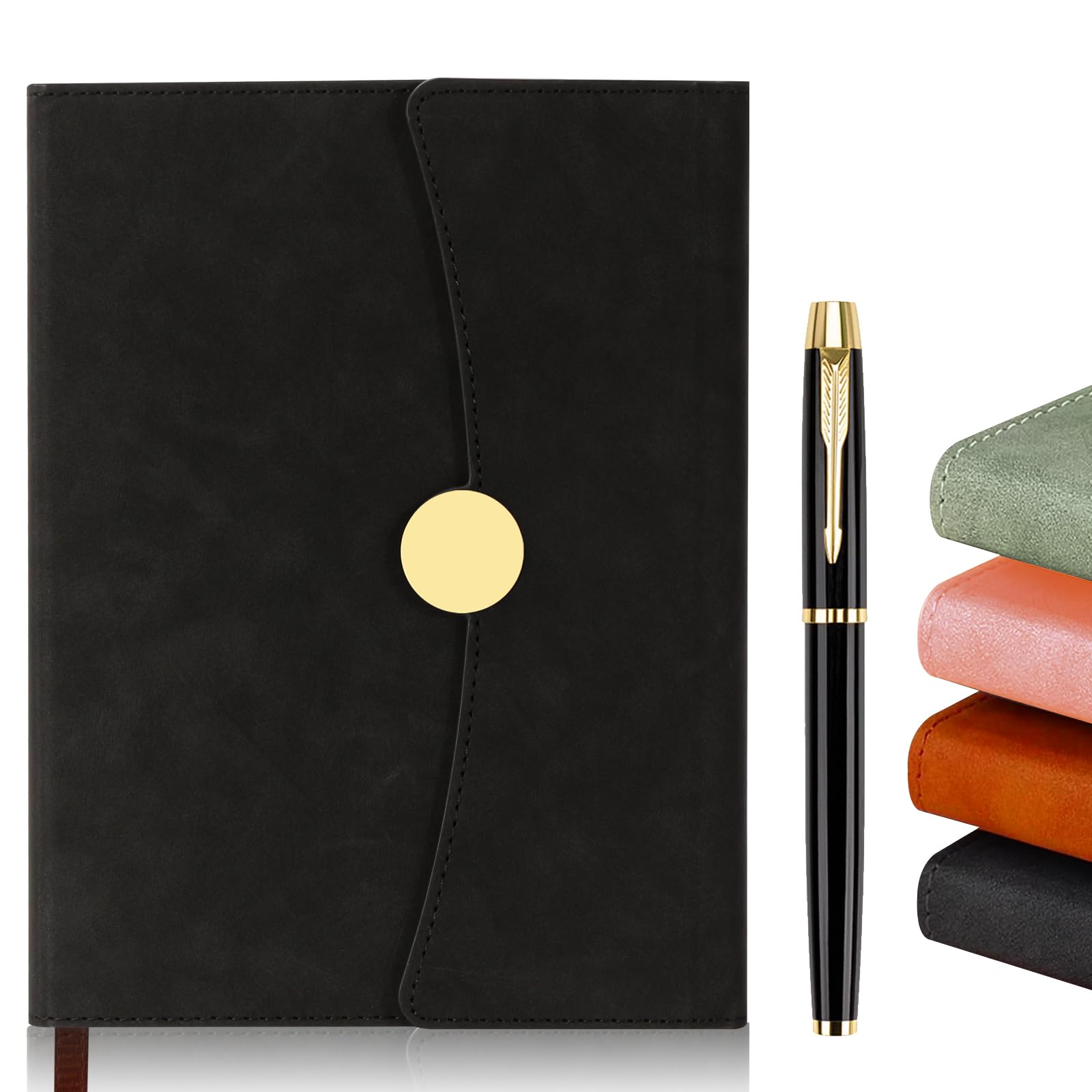 A5 Retro Leather Notebook, Magnetic Round Buckle Executive Journal with Pen, 100GSM Thick Paper Writing Notebook Suitable for Students Teachers Office Workers-Black