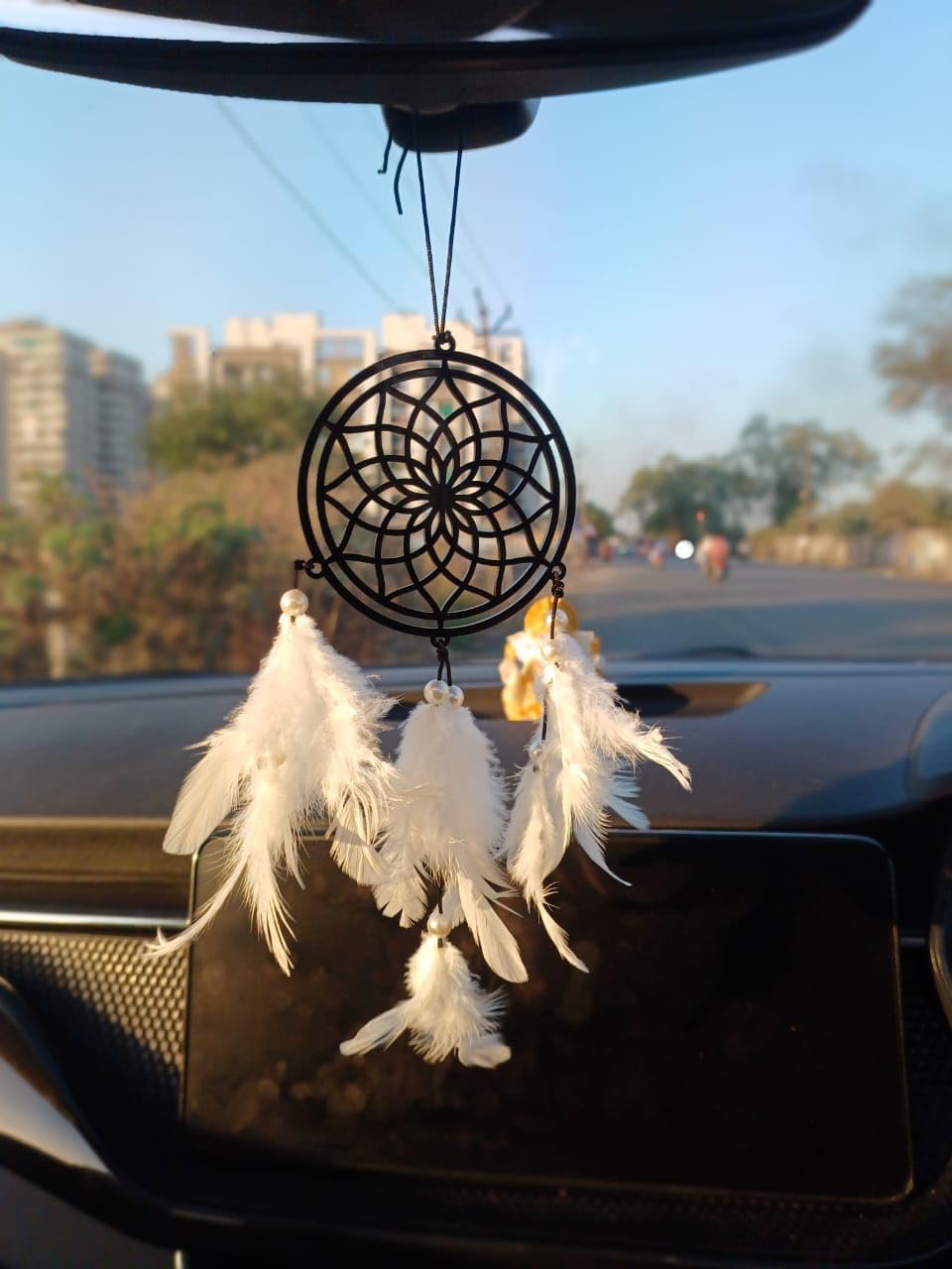 Dreamcatcher Car Hanging Accessory - Handcrafted Rearview Mirror Decor with White Feathers & Mandala Design | Positive Energy Interior Ornament for Cars & SUVs | Spiritual Gift for Drivers-picture-45