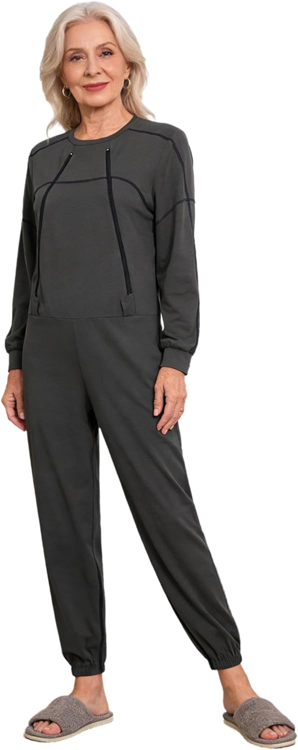 JanJean Women Dementia Patient Long Sleeve with Front + Leg Zipper for Dementia Elderly and Special Needs