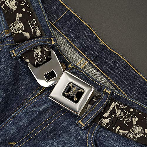 Disney Belt, Seatbelt Buckle Belt, Pirates Dead Men Tell No Tales Skull Icon Scattered Black Tan, Adjustable2