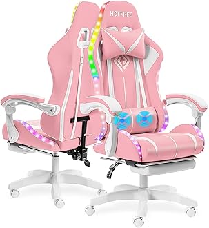 HOFFREE Gaming Chair with LED RGB Lights with Massage and Footrest Ergonomic Computer Chair High Back Video Game Chair with Adjustable Lumbar Support Linkage Armrest Pink and White