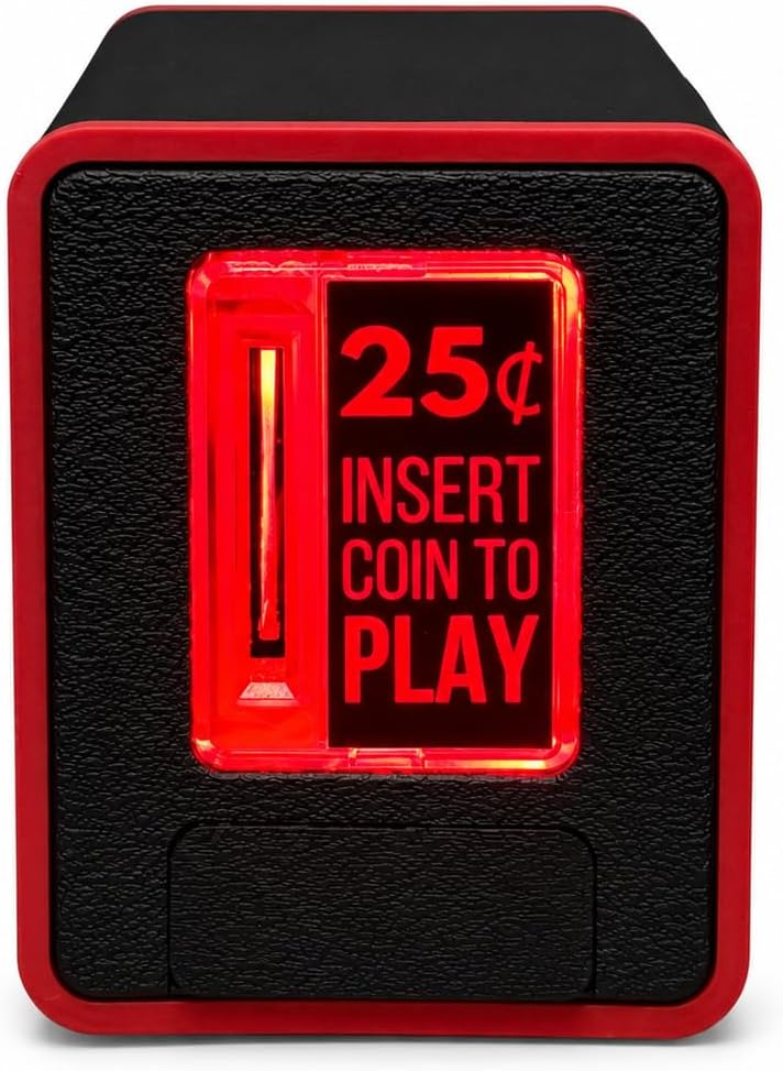 TinyBrights Insert Coin Cube Gen 2 - Interactive Retro Arcade Light, Game Room Decor, Pressable Insert Coin to Play Button, Tiny Piggy Bank, Custom Sounds, USB Keyboard & External Button Emulation
