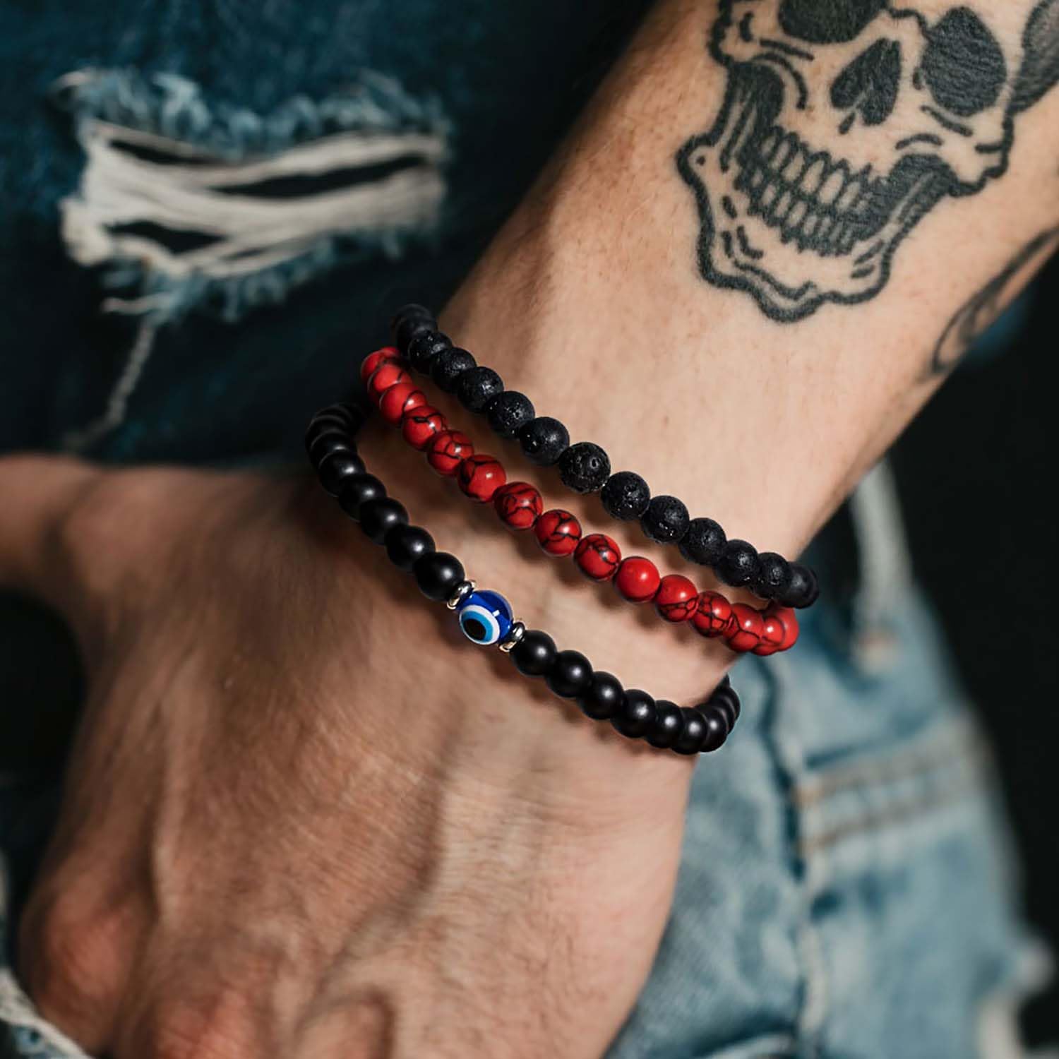 3PCS Evil Eye Bracelet 6mm Tiger Eye Natural Stone Stretch Adjustable Black Crystal Beaded Bracelet for Men Women Gifts - Image 2