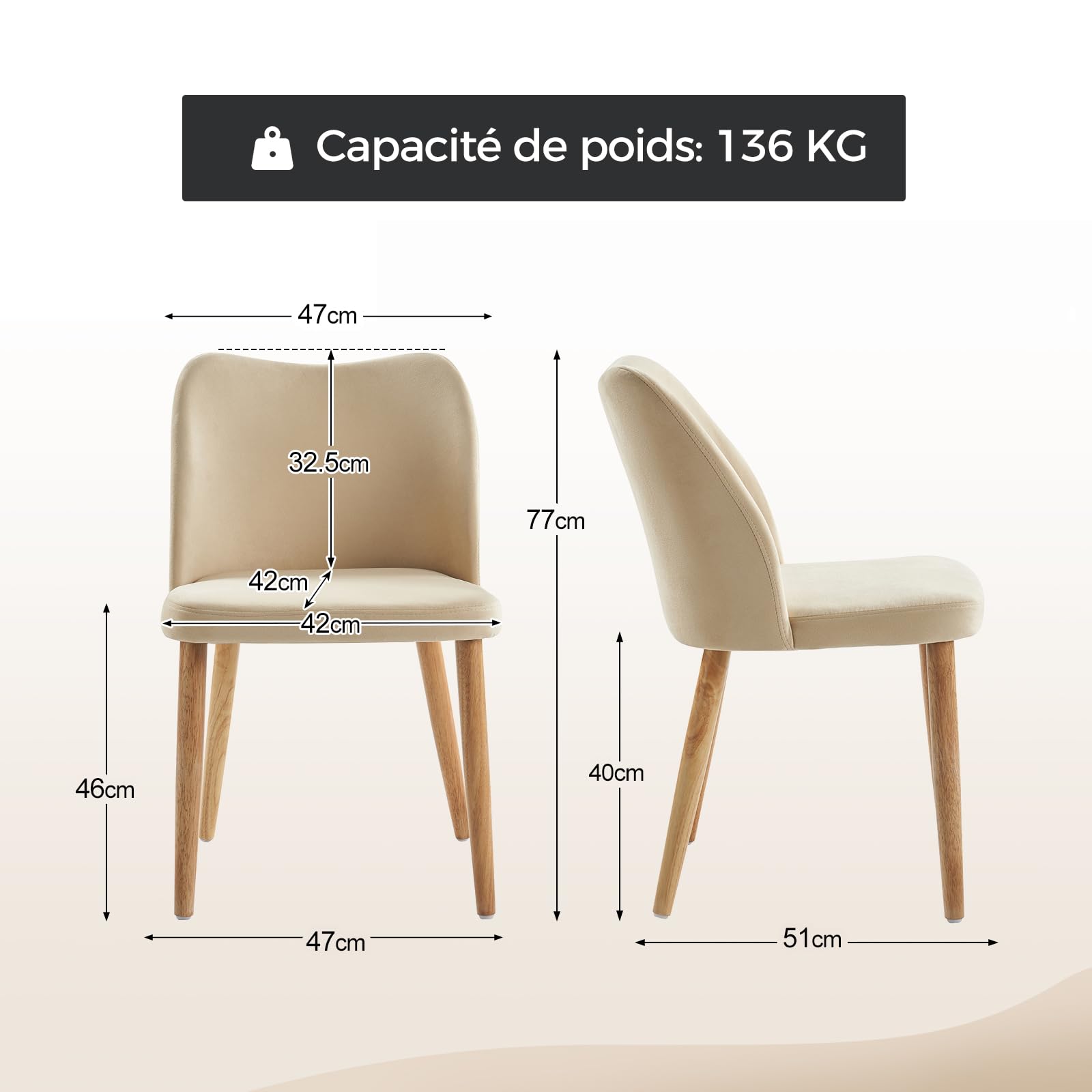 Chaises De Salle à Manger En Lot De 2 - Design Moderne, Pieds En Bois, Couleur Beige, Pour Salon Ou Chambre