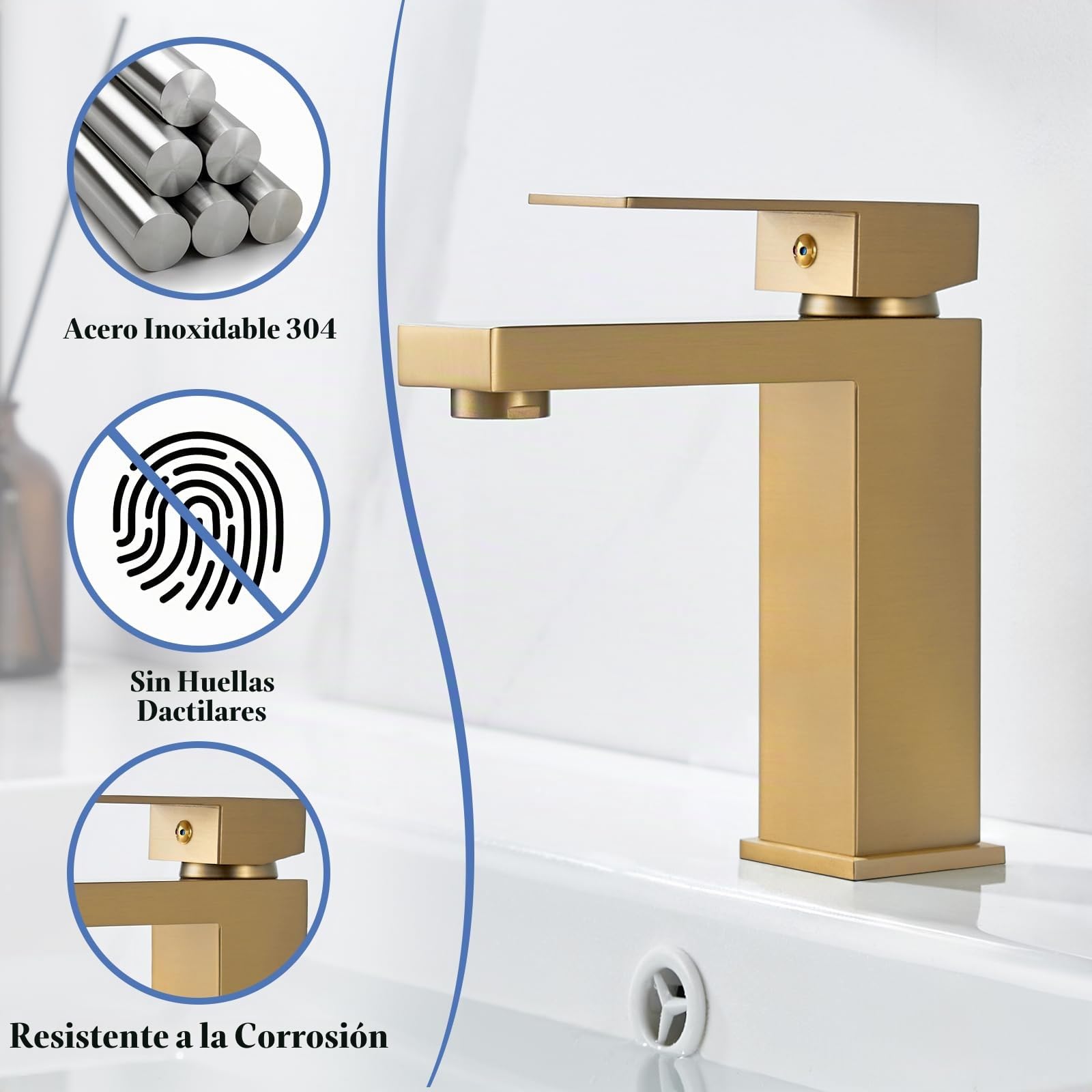 Grifo monomando dorado para lavabo con desagüe, monomando dorado, monomando para lavabo, con desagüe desplegable, mono-cuadrado