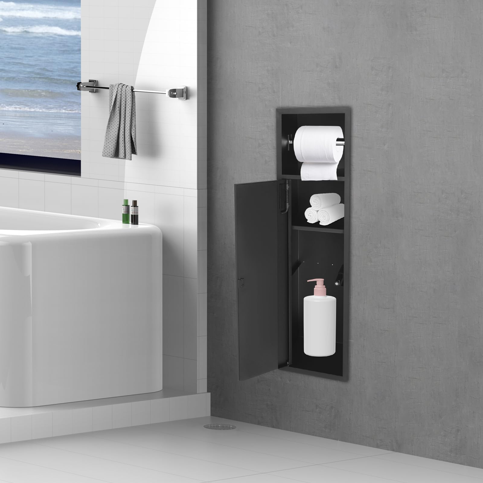 Porta carta igienica da incasso, in acciaio inox, con porta carta igienica e ante dell'armadio, armadietto per WC integrato, 63 x 15 x 15 cm (nero)