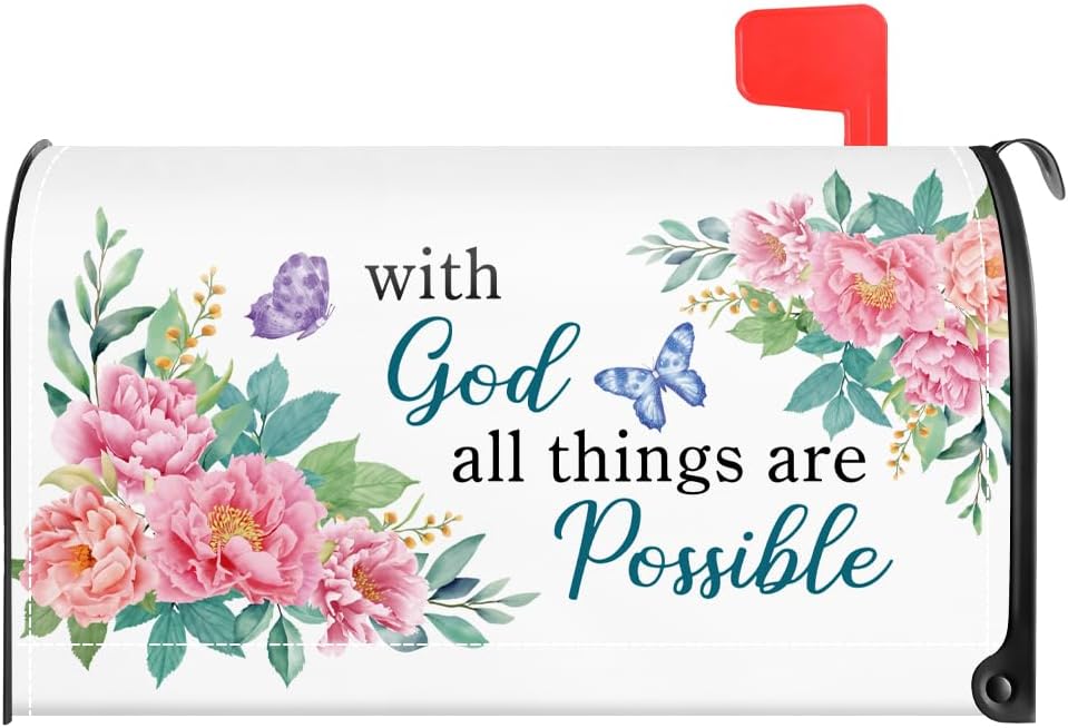 TOUNER with God All Things are Possible Mailbox Covers, Religious Magnetic Letter Box Wrap, Peony Flower Post Box Decor for Outdoor Garden Yard Porch, Mailbox Decor Gifts for Friends Neighbors