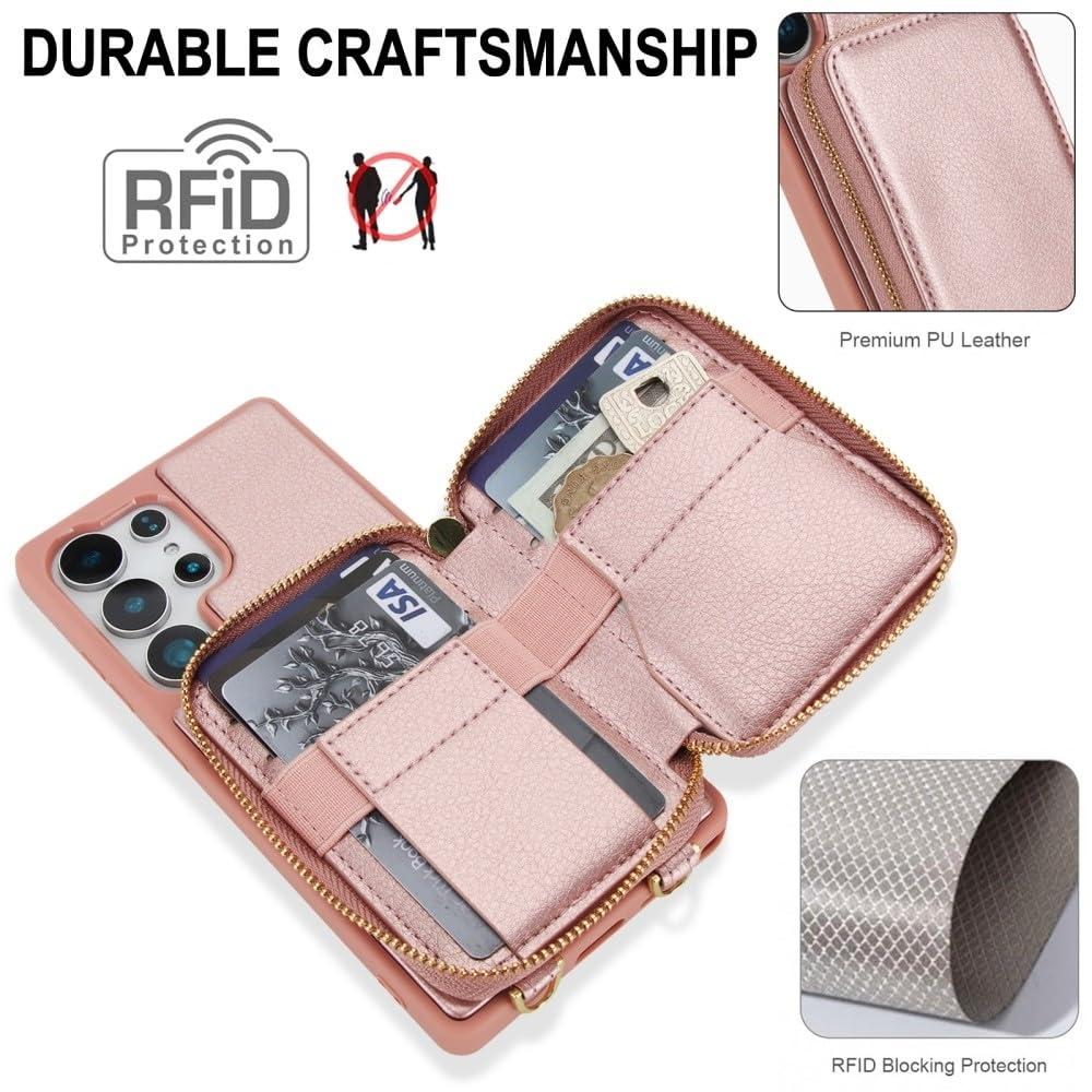 Generic Funda compatible con Samsung Galaxy A55 5G (color: albaricoque), correa cruzada, cierre de cremallera, funda de piel con tapa trasera