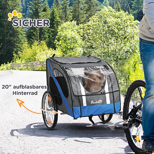 PawHut Hundeanhänger Fahrradanhänger Hundetransporter geländegängig Hunde Fahrrad Anhänger für Hunde Wetterfestes Oxford-Gewebe Stahlrahmen 145 x 80 x 87 cm Grau+Blau