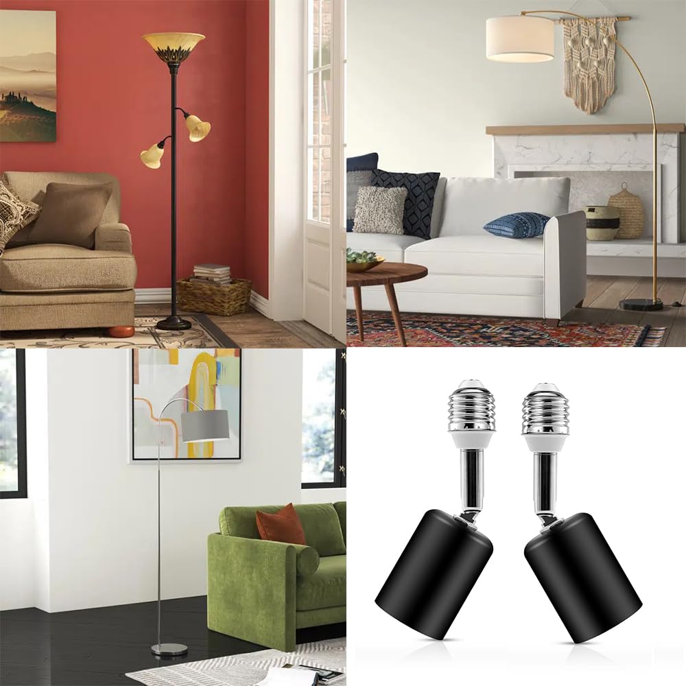 Ceramic & Metal E26 Light Socket Extender,150w-Heat-resistant-Ideal for Light Holder Extension,Electrical Socket Extender 180° Bendable Socket Adapter Screw Base Light Bulb Socket, 2pcs (Black)