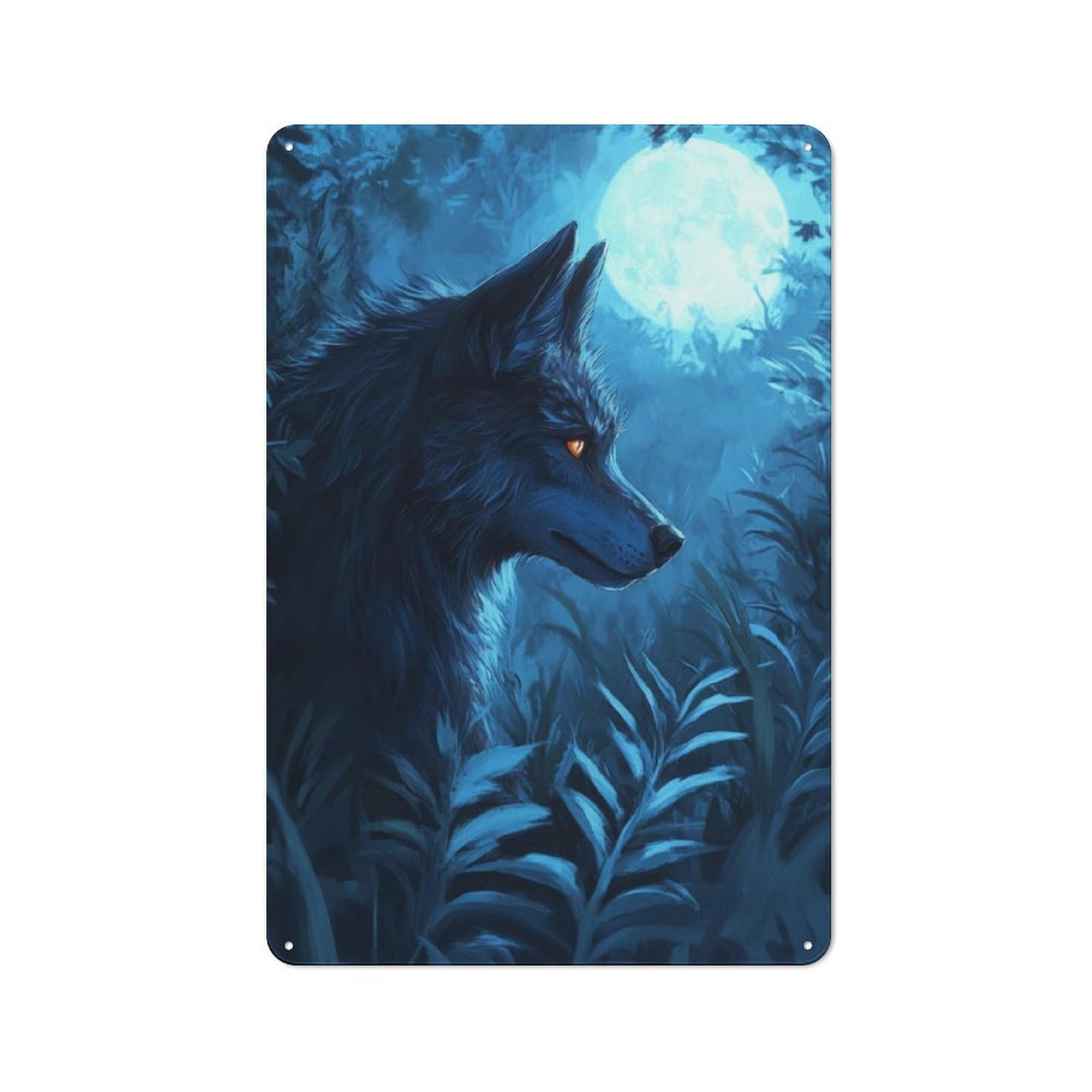Wolf Under Moonlight Rustic Tin Sign 30x20cm for Café Or Restaurant, for Café Owners And Decorators, for Retro Home Interiors
