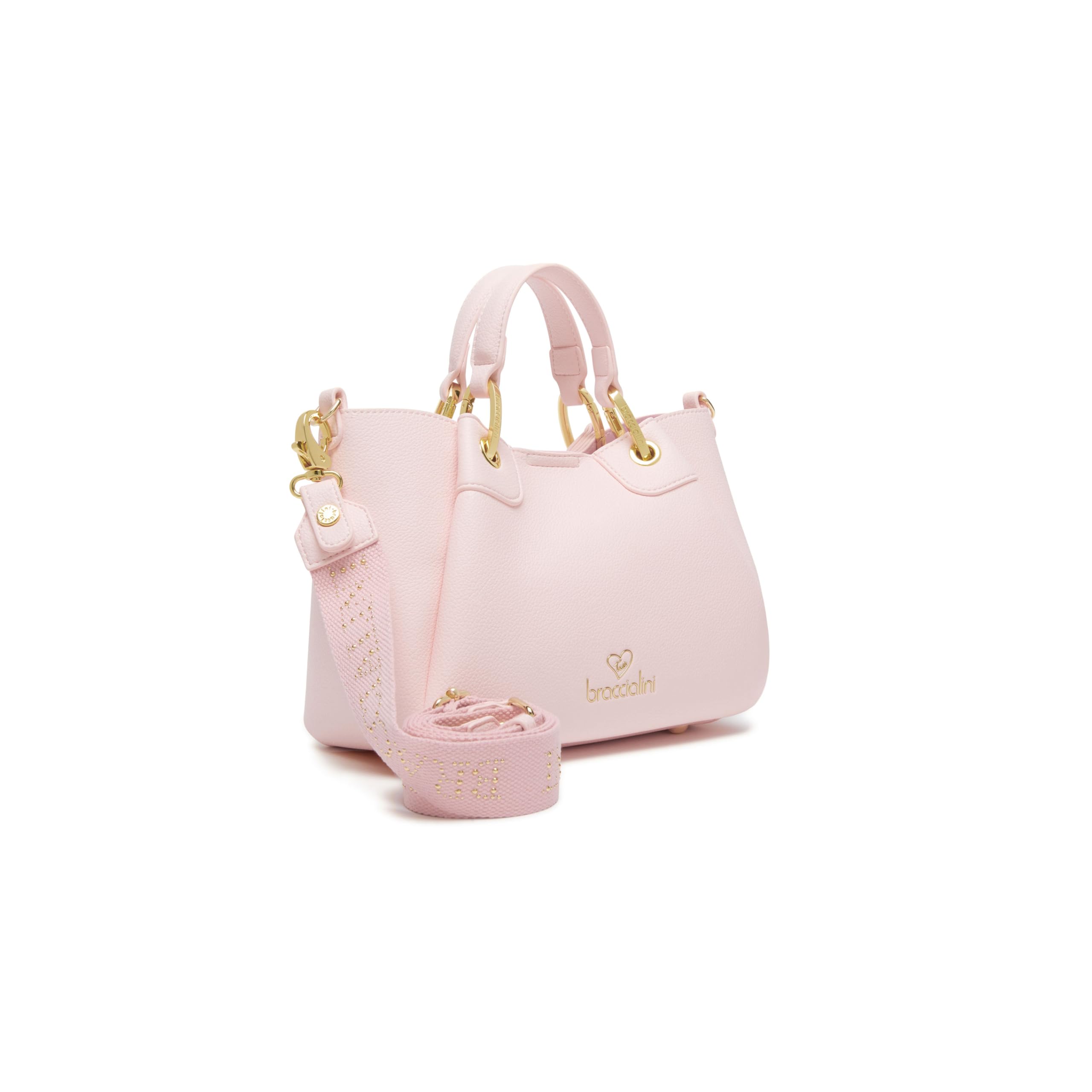 Braccialini Amy Kleine Handtasche mit Doppelgriffen, die zwischen den Quernähten Paneele verbirgt, die eine Vergrößerung ermöglichen. Die Tasche aus rosafarbenem Kunstleder zeichnet sich durch die