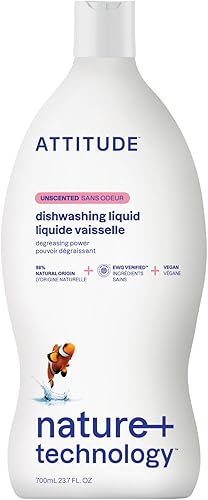 ATTITUDE Jabón para platos naturales, hipoalergénicos y lavavajillas biodegradables detergente líquido, botella de compresión, sin perfilar, 23.6 fl