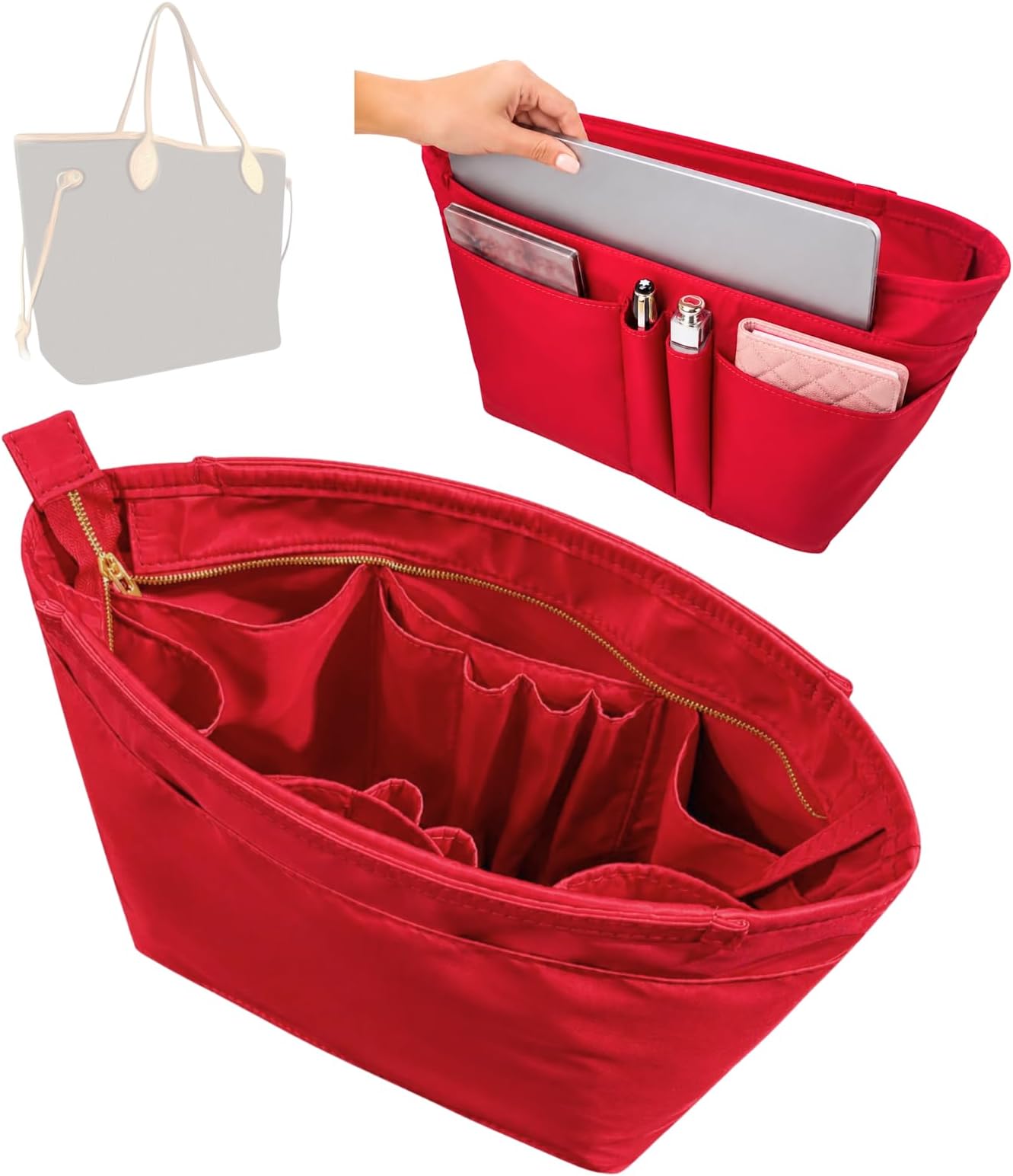 Divitize Waterproof Nylon Purse Organizer compatible with LV Neverfull Bag Insert โ 16" Laptop Sleeve & 16 Pockets, Oval Shaped Liner, Secure Zipper Closure (Red, for Neverfull MM)