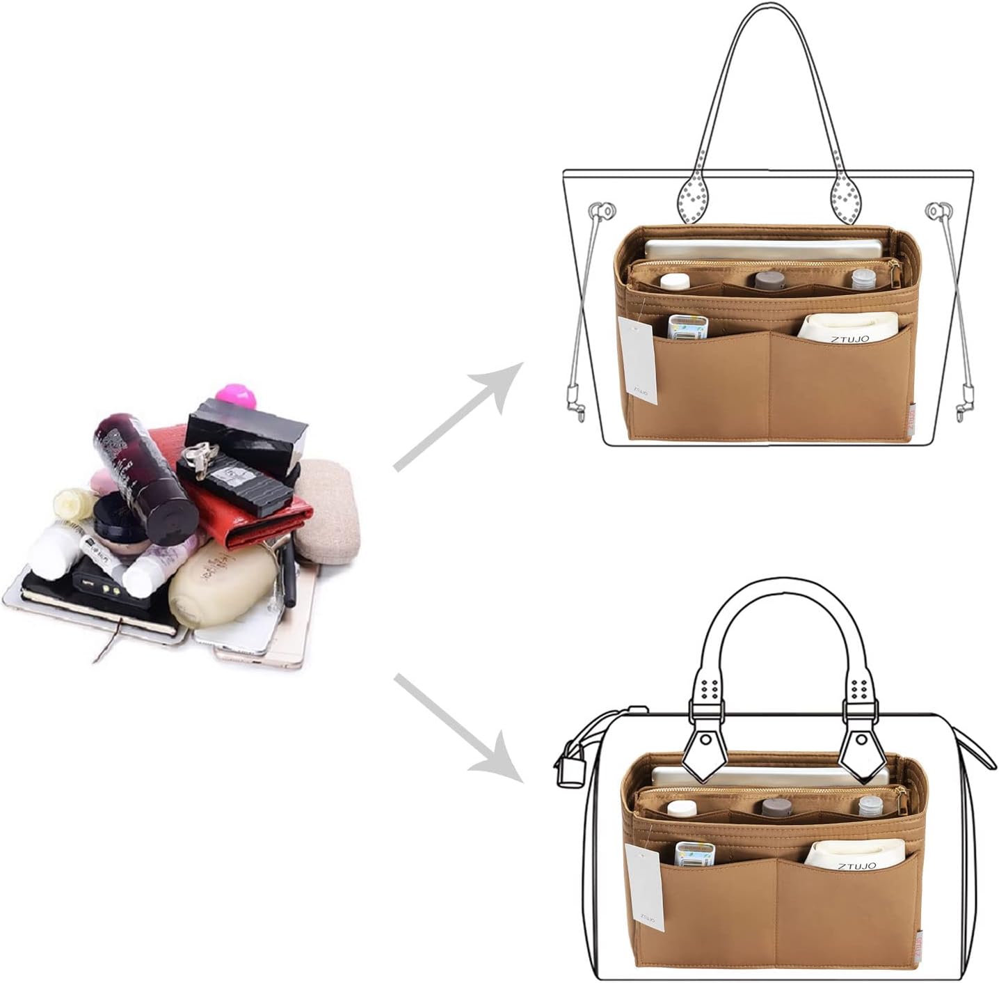 ZTUJO Purse Organizer Insert, Felt Bag Organizer with Metal Zipper, Handbag & Tote Shaper, For Speedy Neverfull Tote, 7 Sizes image 4