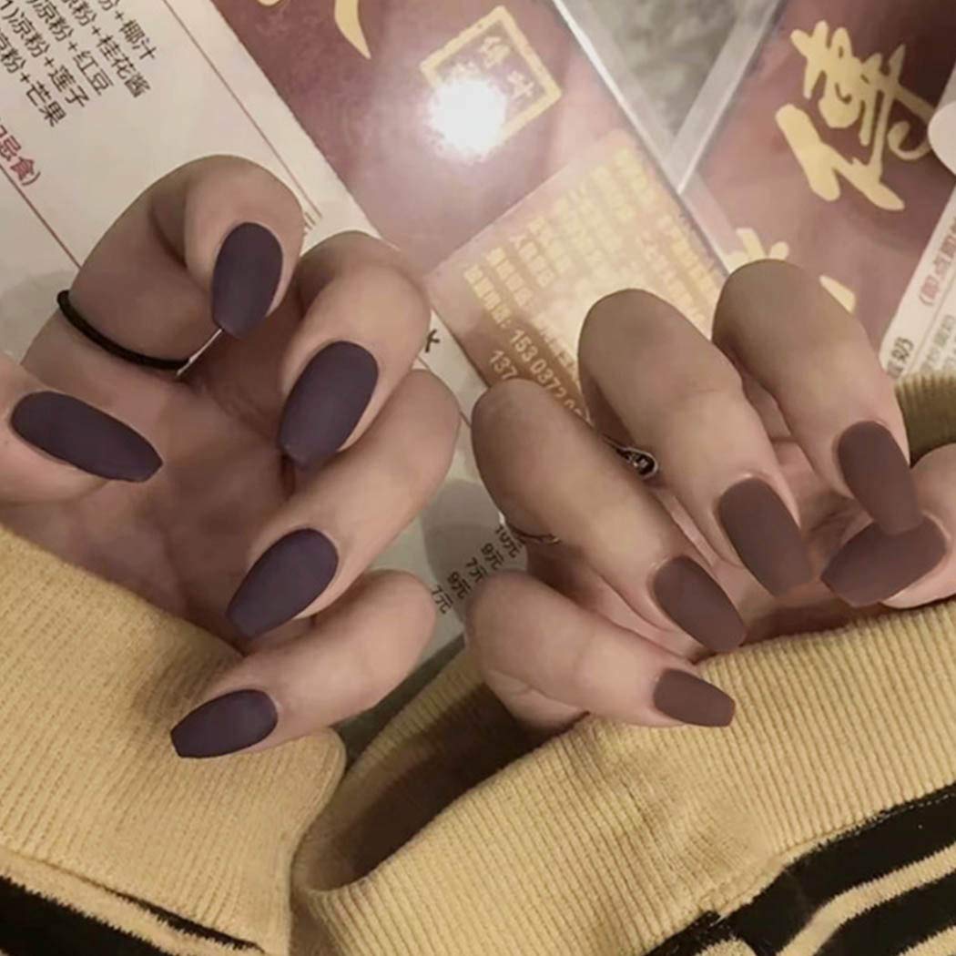Barode Press On Nails Coffin False Nails Tips White Full Cover Acrylic Matte Pure Color Fake Nail Medium for Women(24Pcs)(Chocolate brown)