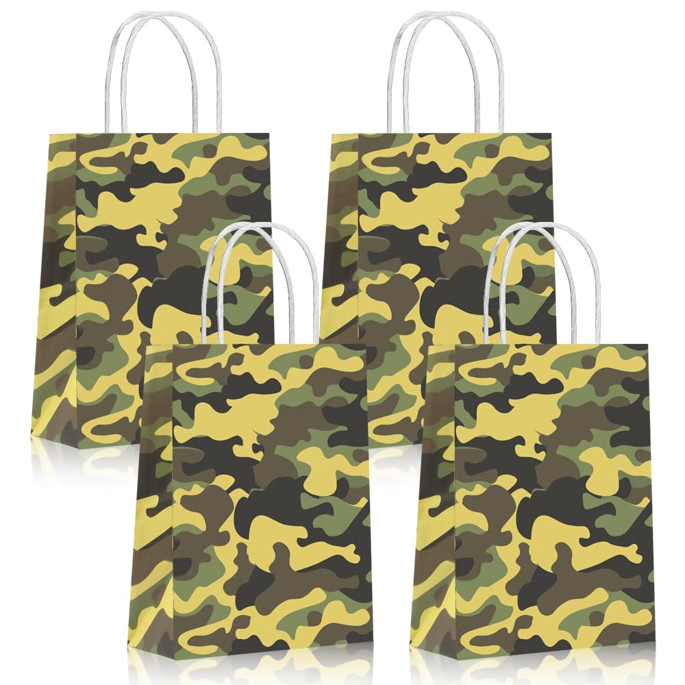12 Pcs Camouflage Gift Bags with Handles, Army Theme Party Favour Bags for Boys’ Birthday, Military or Boot Camp Party, Paper Treat Bags for Sweets, Snacks, and Small Gifts