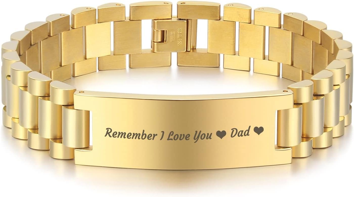 Daesar Mens Bracelet Stainless Steel Polished Dog Tag Engraved Remember I Love You Dad Heart Bangle Bracelets for Men ID Bracelet for Father Gift