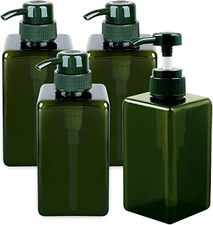 Pump Bottles 450ML/15.2OZ 4 Packs Square Empty Plastic Pump Bottles Refillable Containers for Dispensing Lotions Shampoos Body Wash (Green)
