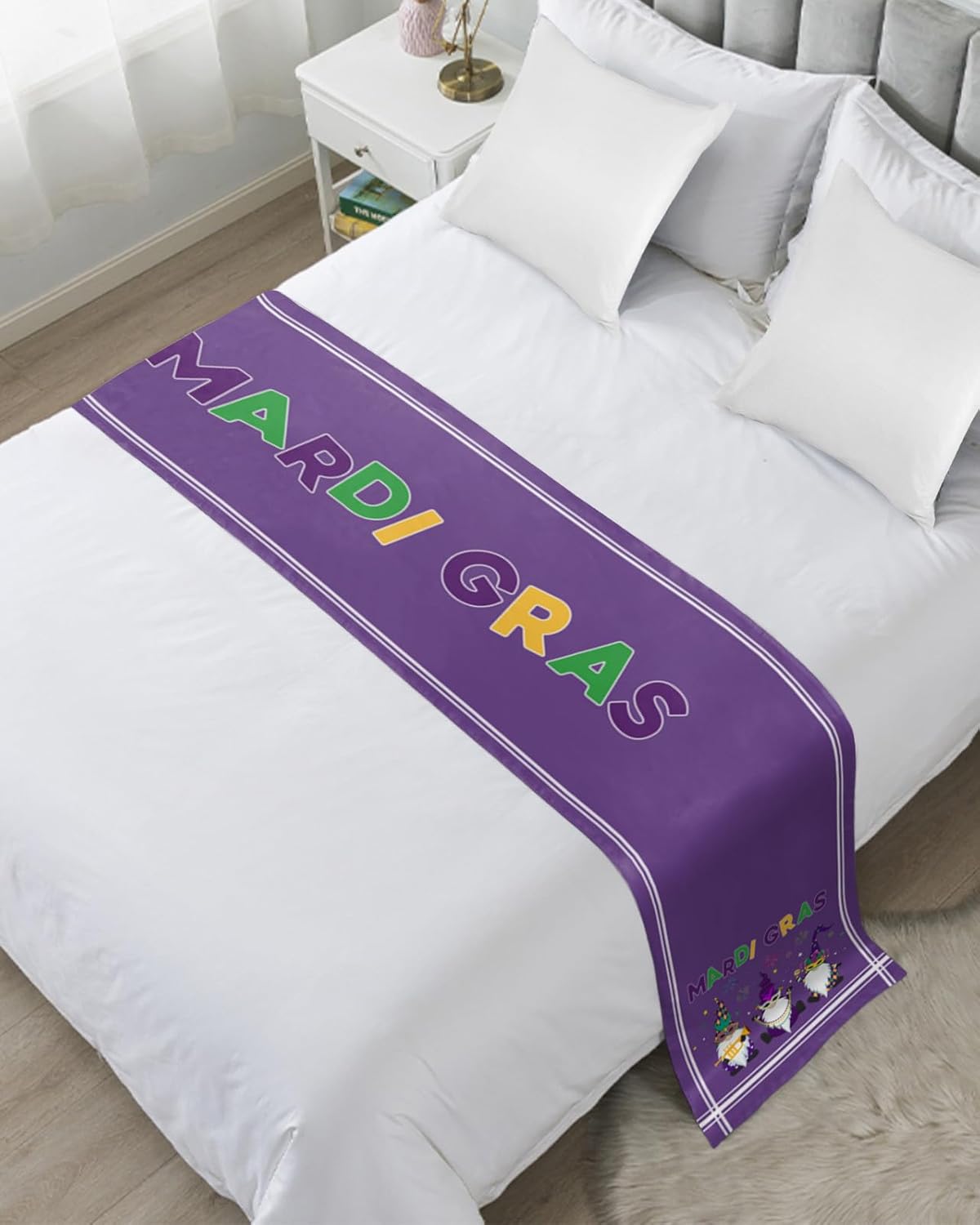 Bed Runner Scarf, Happy Carnival Gnomes Dark Purple Pattern King Bed Bedding Scarves Cover Decorative Bed Scarf for Home Hotel Guesthouse Bedroom Wedding Room Guestrooms 102"x20"