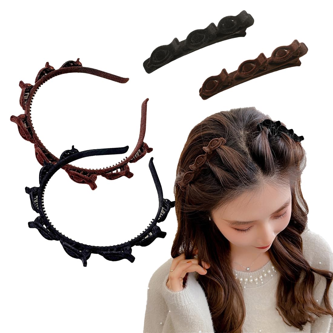 CATOR 4 Pcs fasce per capelli e forcina, cerchietto capelli donna, Forcina per capelli a doppia frangia, fascia coreana intrecciata per capelli, cerchietti per capell antiscivolo a doppio strato