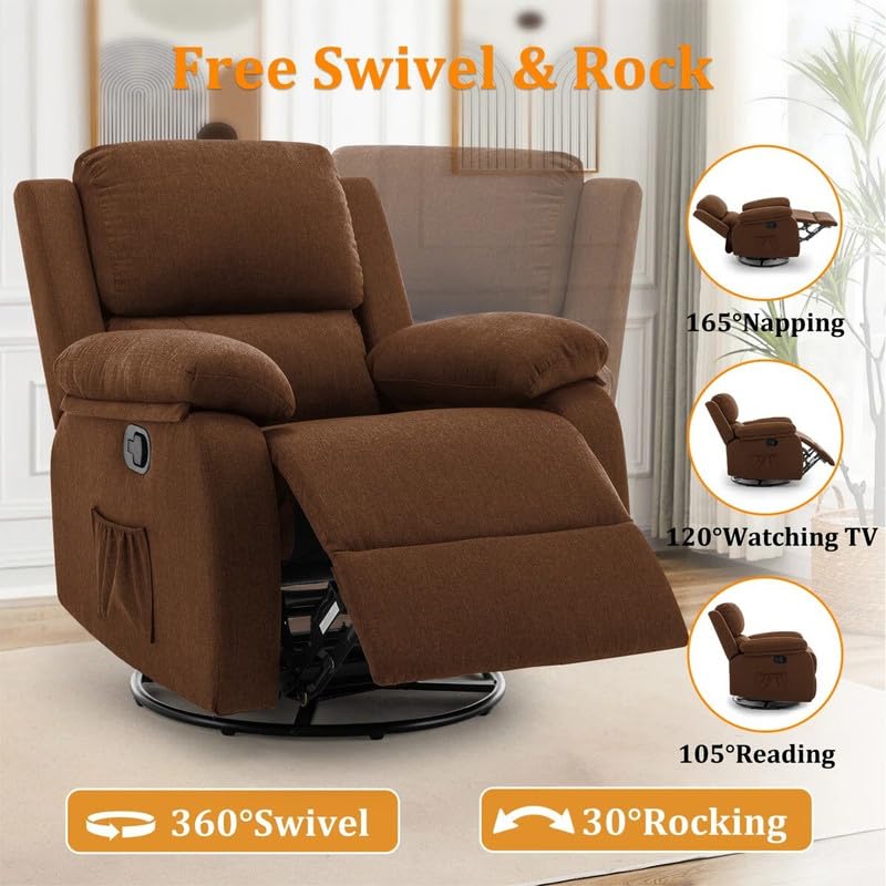 Image of Recliner Sofa 1 Seater | Manual Recliner, 360 Swivel Recliners for Small Spaces,Rocker Recliner with Side Pockets Chairs for Living Room, Bedroom, Nursery, Brown
