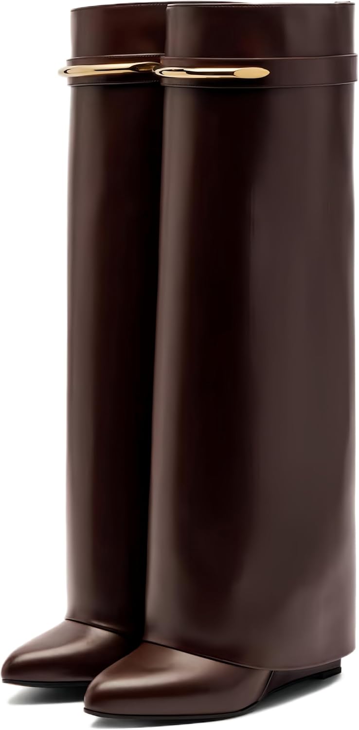 Women’s Shark Boots Knee High, Wedge Boots for Women with Fold-Over Long Shaft, Pull-on Wide Calf Fashion Leather Tall Boots