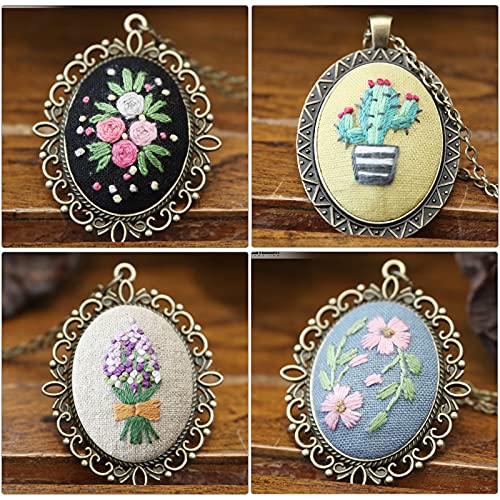 Image of ZOCONE 4 Packs Embroidery Necklace Kits, Embroidery Pendant Kit Mini Cross Stitch Kit with Hoop, Necklace, Pendant, Stamped Pattern Cloth, Instructions, etc. Embroidery Kits for Adults