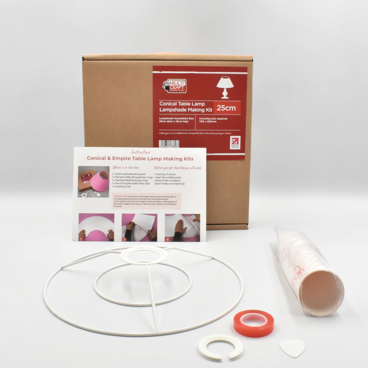 Conical Table Lamp Lampshade Making Kit - Tapered Circle Shape DIY Shade Made in The UK by Needcraft - Use with Fabric, Textile, Wallpaper of Choice (White, 25cm)